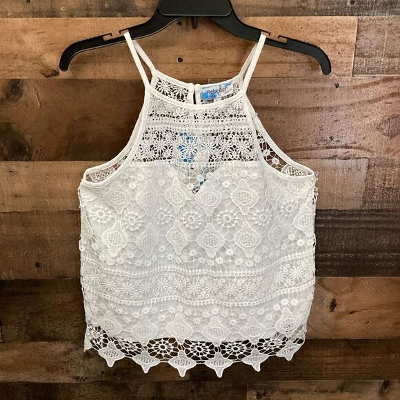 Rebellion Lace Top Button Keyhole Back Closure White Scalloped Hem Large - Picture 9 of 9